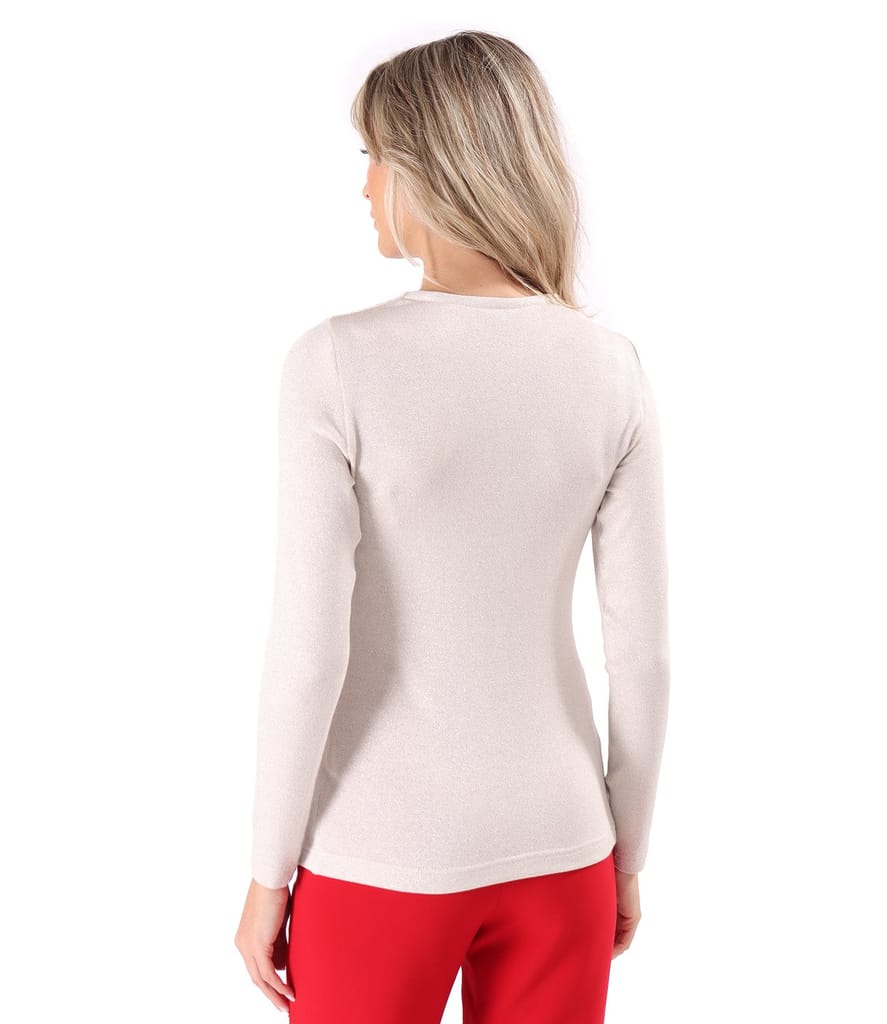 Bluza din jerse elastic cu fir metalic argintiu si cu decolteu in falduri