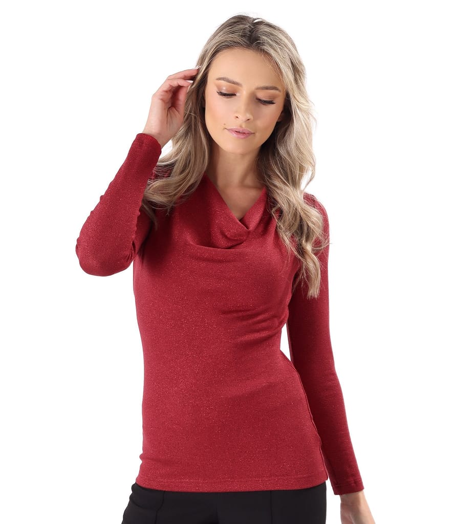 Bluza din jerse elastic cu fir metalic si cu decolteu in falduri