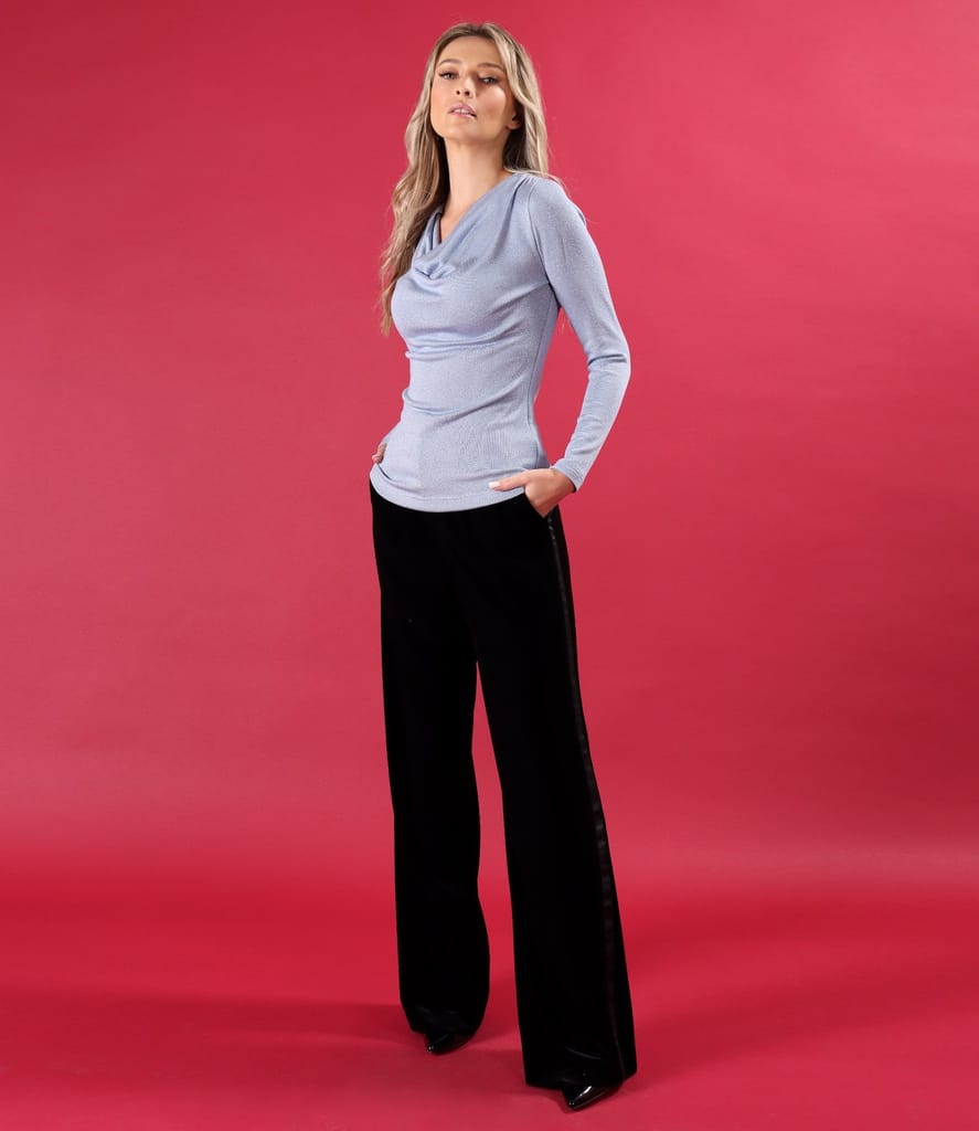 Bluza din jerse elastic cu fir metalic si cu decolteu in falduri