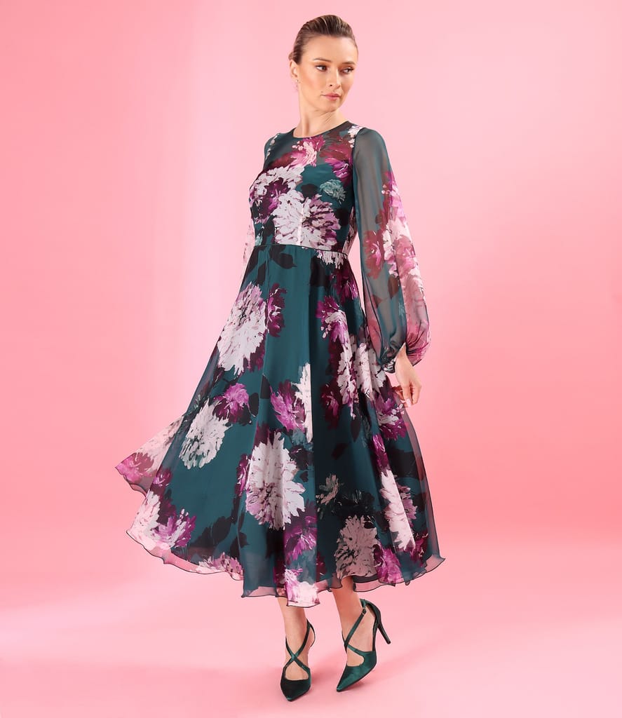 Rochie midi din voal fin imprimat cu motive florale