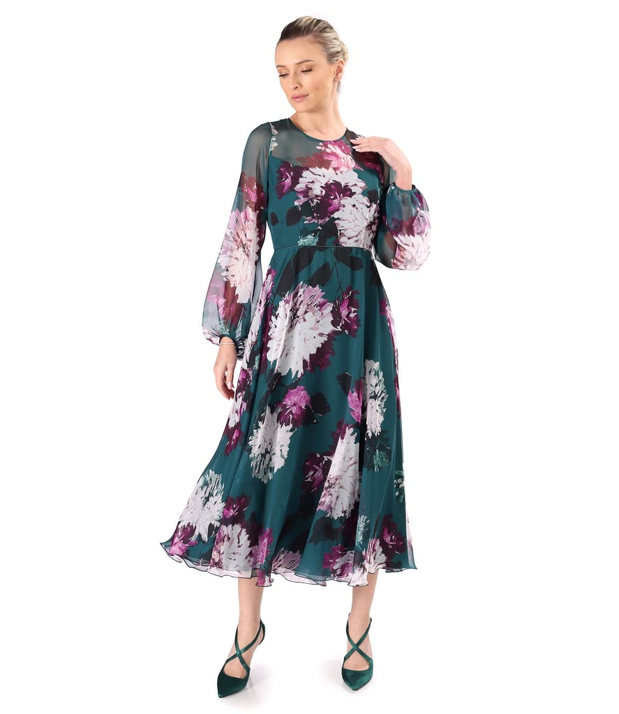 Rochie midi din voal fin imprimat cu motive florale