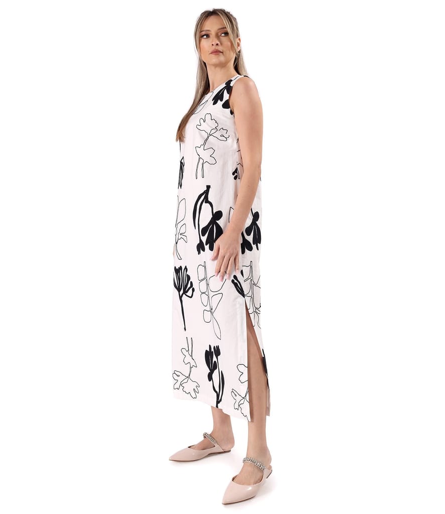Rochie lunga din bumbac brodat cu motive florale