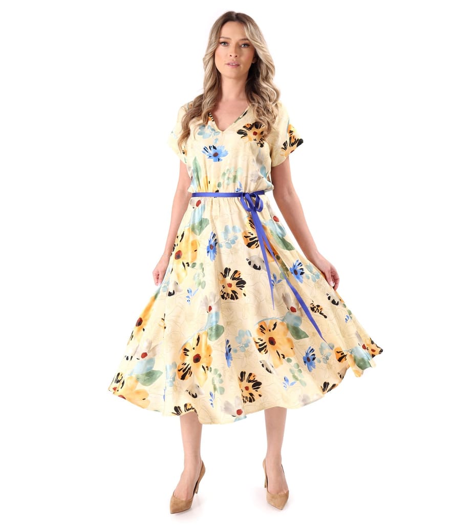 Rochie midi din viscoza cu motive florale si fir de effect