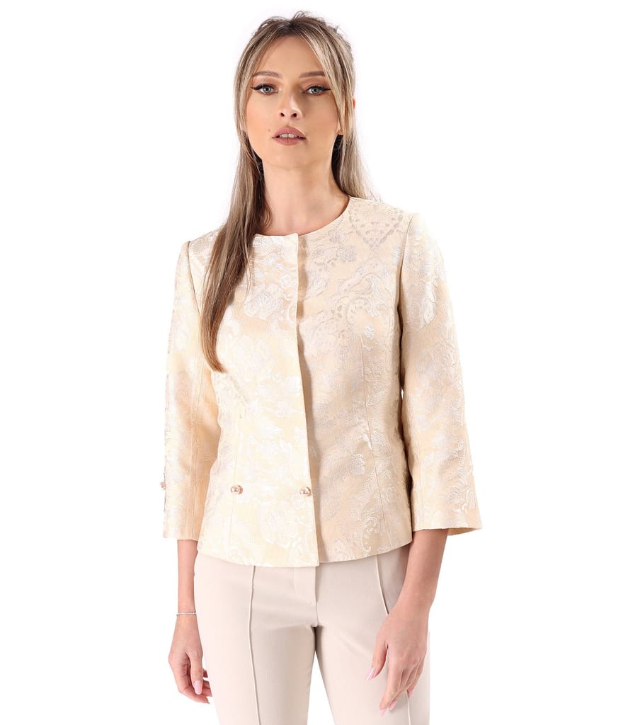 Sacou de ocazie din brocart floral cu perle decorative