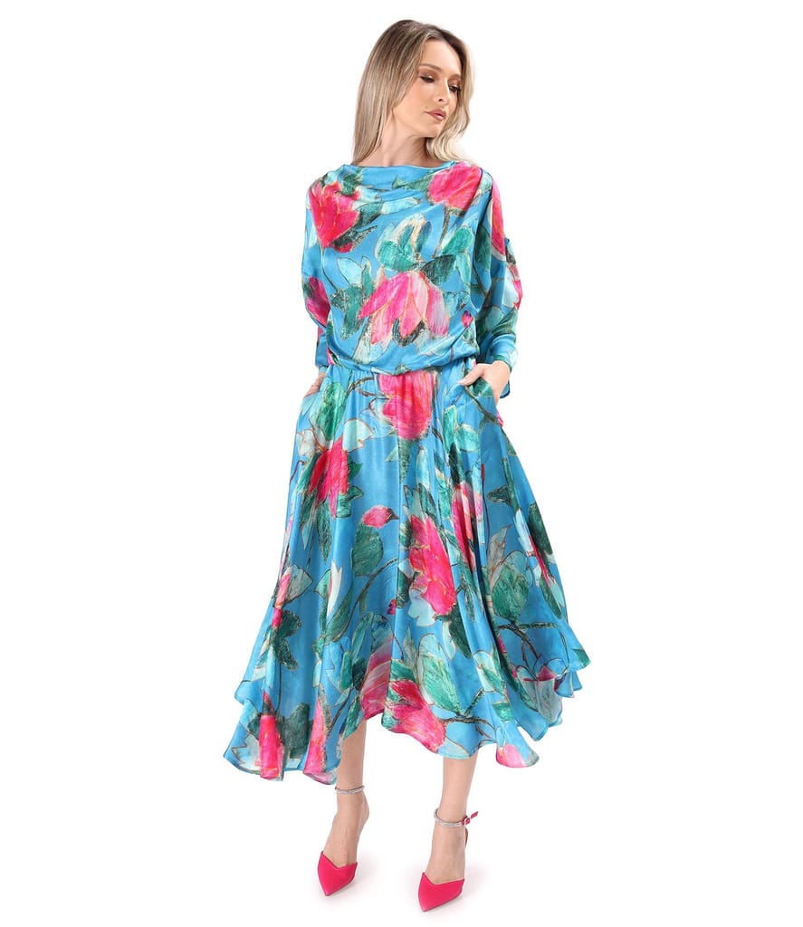 Rochie midi din viscoza cu matase naturala imprimata cu motive florale