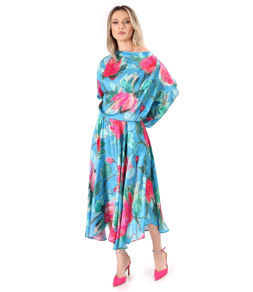 Rochie midi din viscoza cu matase naturala imprimata cu motive florale