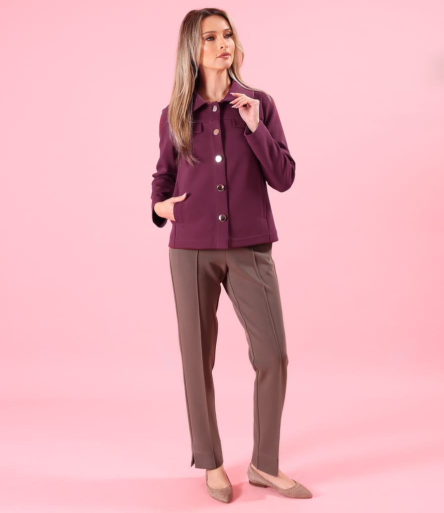 Tinuta smart casual cu pantaloni si sacou din stofa plina tip scuba cu bumbac