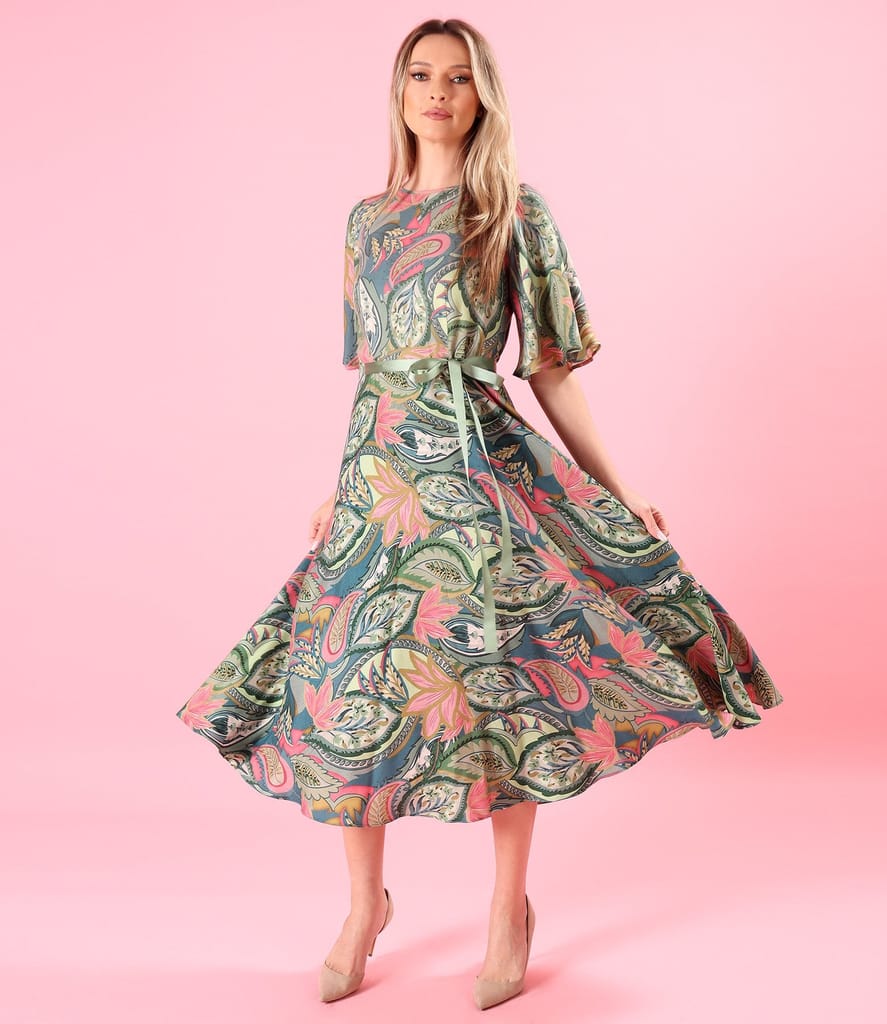 Rochie midi din viscoza cu lana imprimata cu motive paisley
