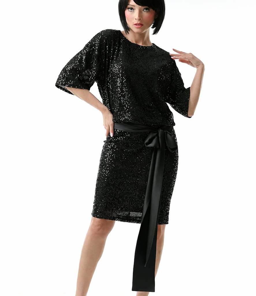 Rochie de cocktail din paiete cu cordon din satin in talie