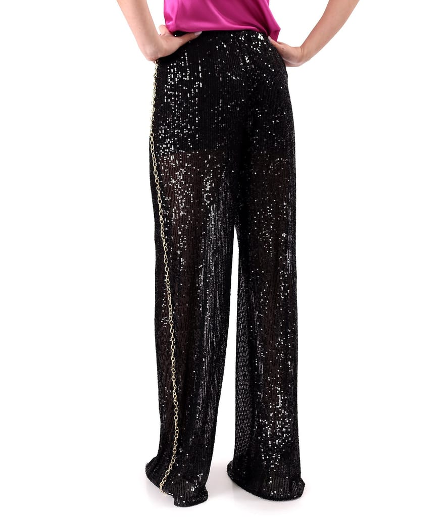 Pantaloni de seara din paiete fine cu lant auriu pe lateral dreapta