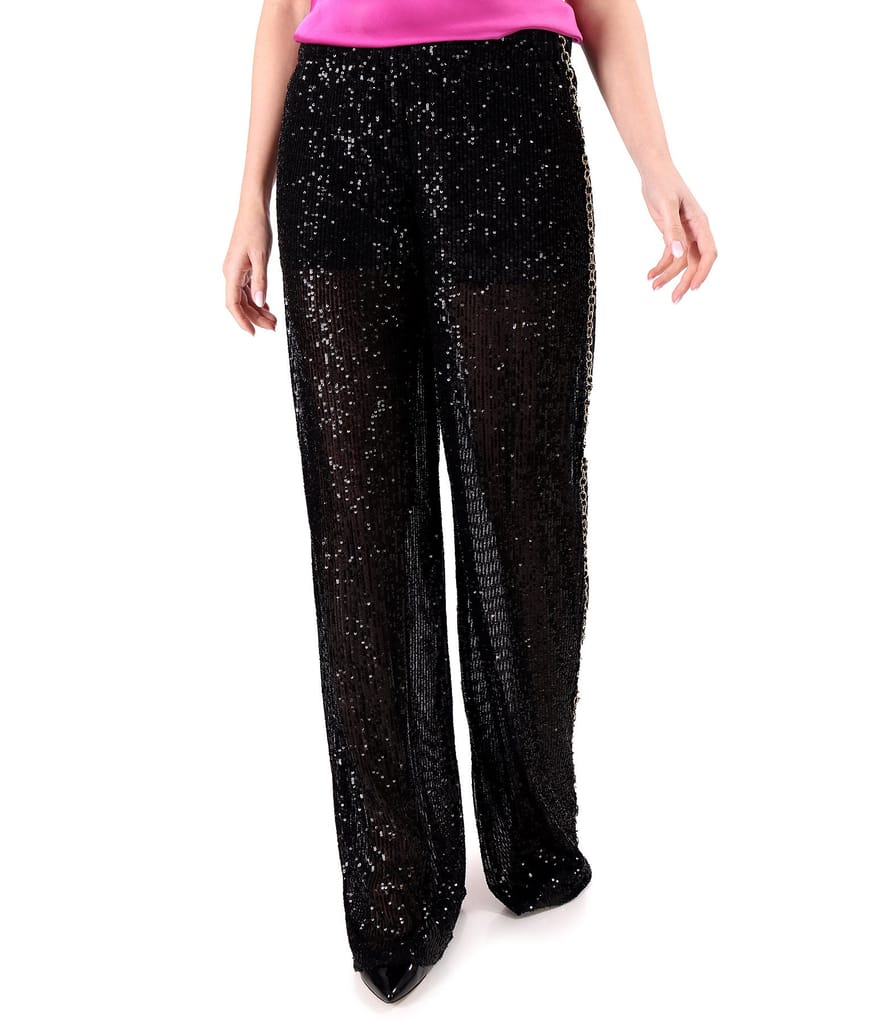 Pantaloni de seara din paiete fine cu lant auriu pe lateral dreapta