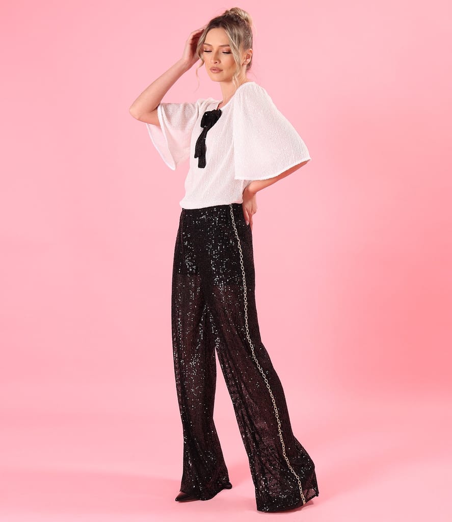 Pantaloni de seara din paiete fine cu lant auriu pe lateral dreapta