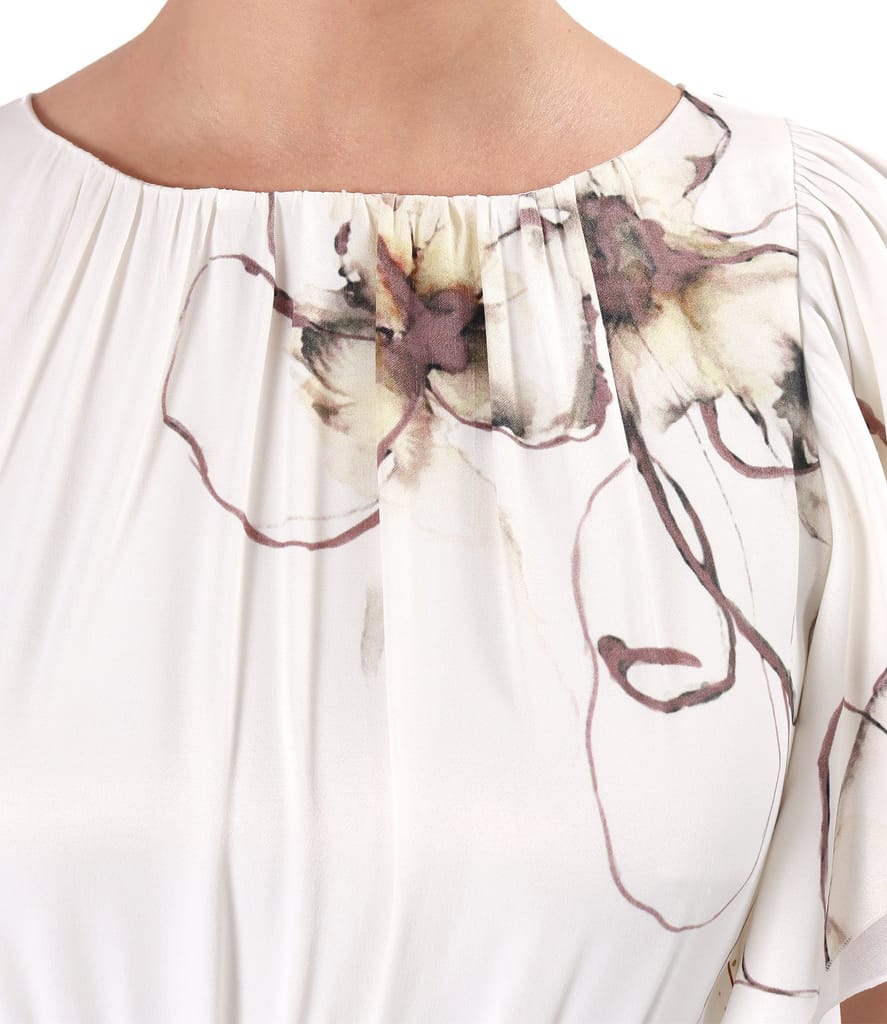 Rochie midi eleganta din viscoza satinata imprimata cu motive florale