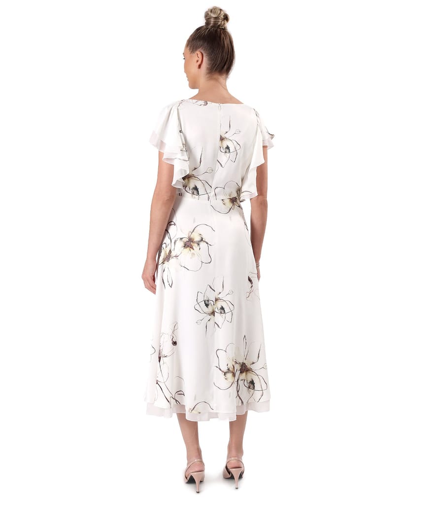 Rochie midi eleganta din viscoza satinata imprimata cu motive florale