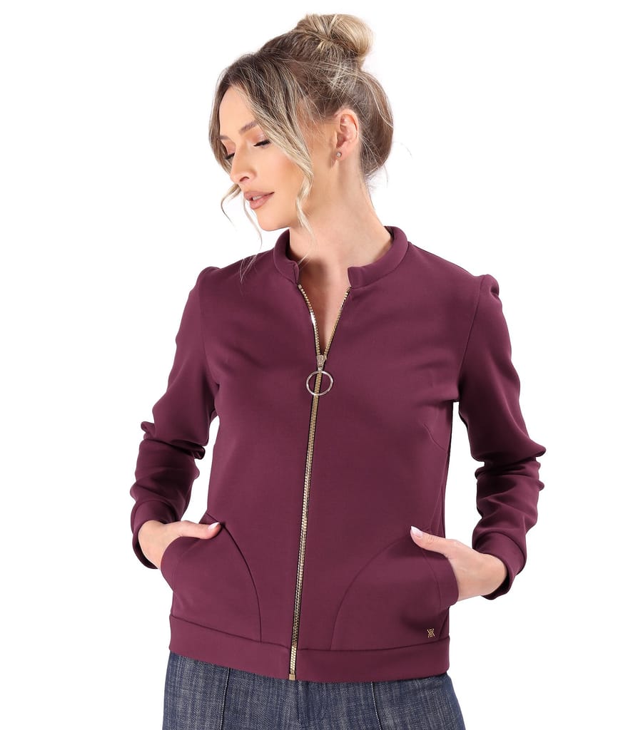 Bluza din stofa plina tip scuba cu bumbac cu fermoar pe fata