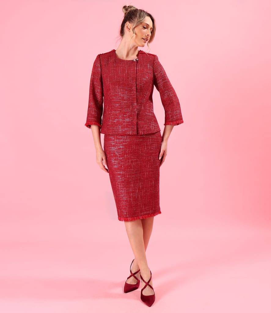 Costum dama office cu sacou si fusta din bucle de bumbac cu fir argintiu