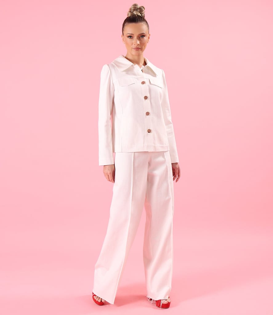 Pantaloni largi din bumbac tip denim alb-ecru