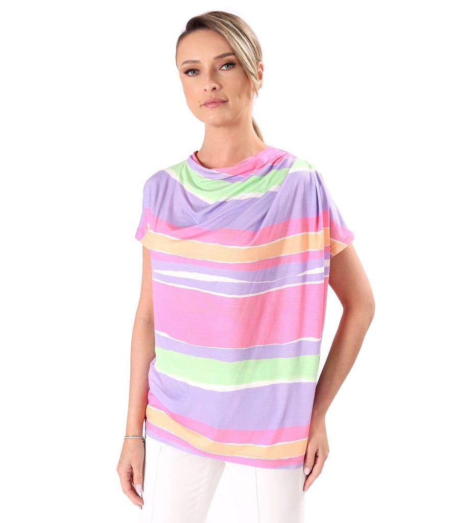 Bluza lejera cu pliuri pe umar din jerse elastic imprimat cu dungi