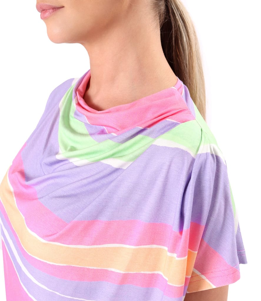 Bluza lejera cu pliuri pe umar din jerse elastic imprimat cu dungi