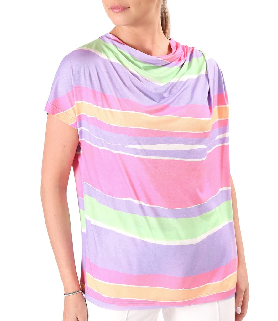 Bluza lejera cu pliuri pe umar din jerse elastic imprimat cu dungi