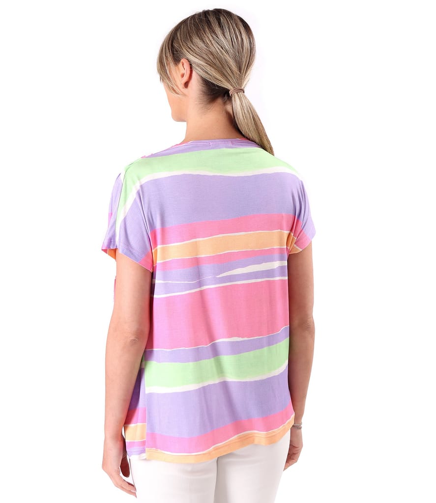 Bluza lejera cu pliuri pe umar din jerse elastic imprimat cu dungi