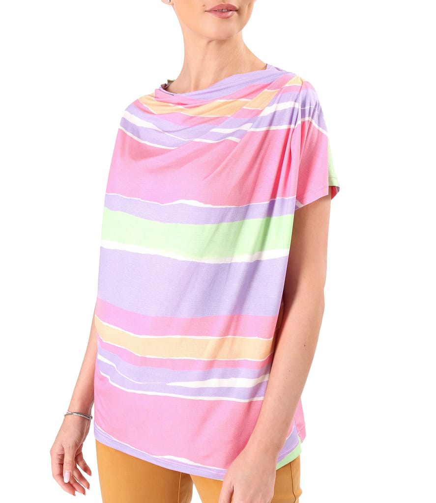 Bluza lejera cu pliuri pe umar din jerse elastic imprimat cu dungi