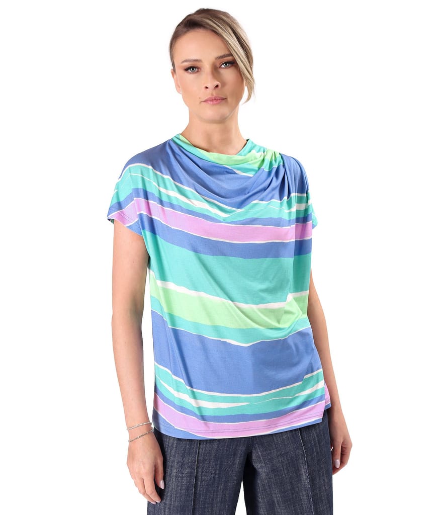 Bluza lejera cu pliuri pe umar din jerse elastic imprimat cu dungi