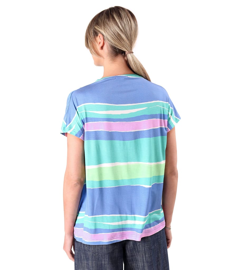 Bluza lejera cu pliuri pe umar din jerse elastic imprimat cu dungi