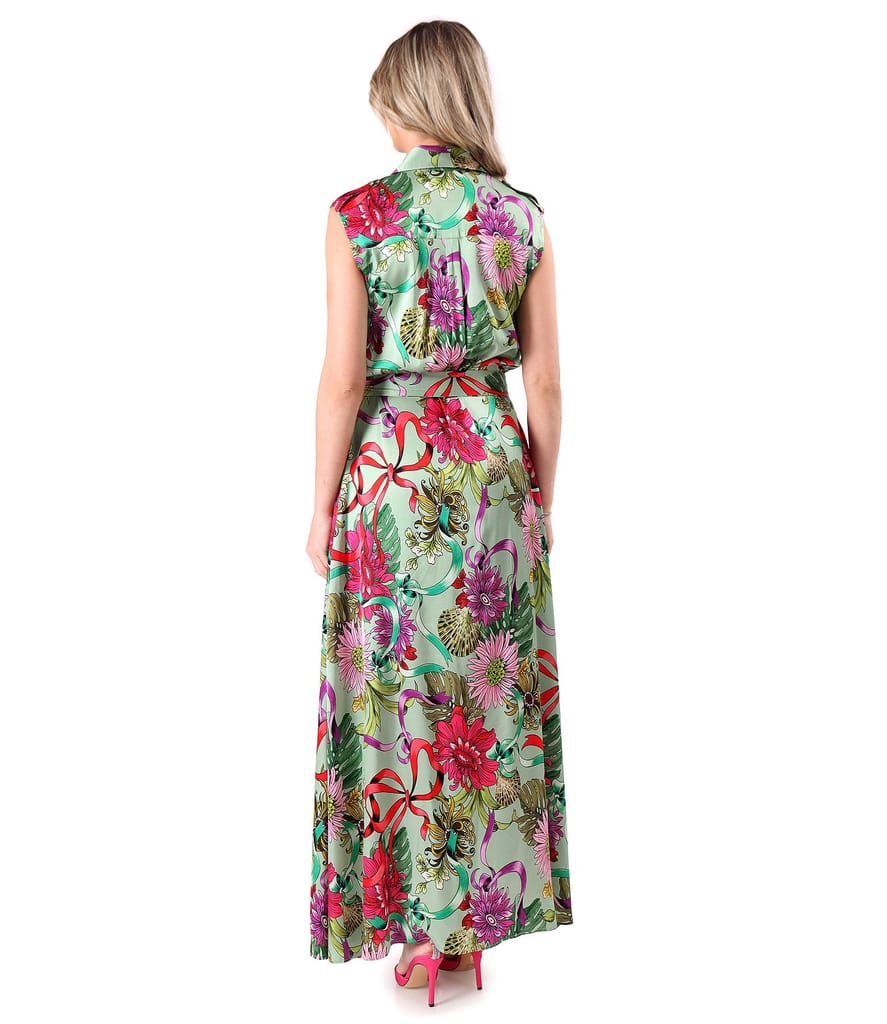 Rochie lunga din viscoza satinata imprimata cu motive florale