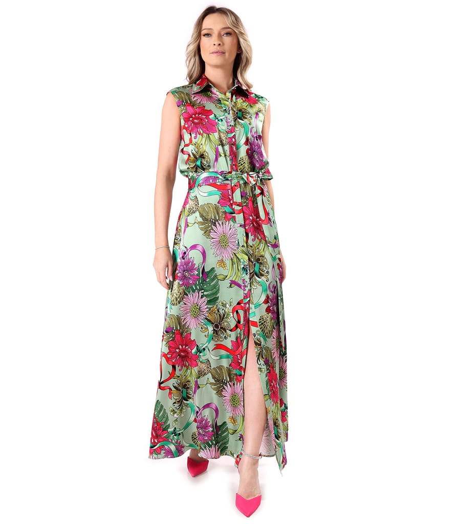 Rochie lunga din viscoza satinata imprimata cu motive florale