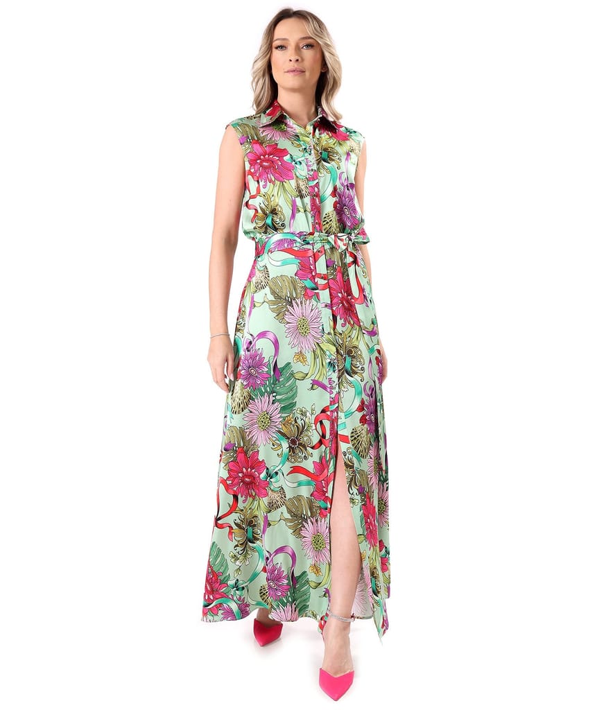 Rochie lunga din viscoza satinata imprimata cu motive florale