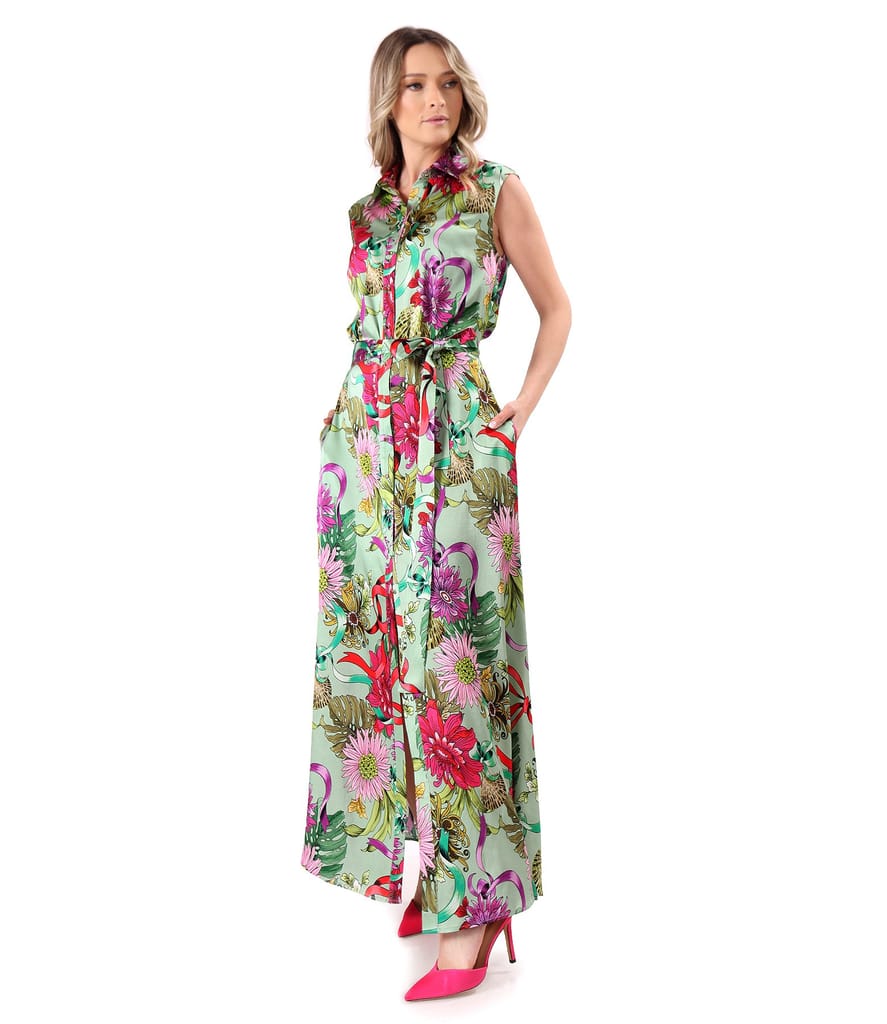 Rochie lunga din viscoza satinata imprimata cu motive florale