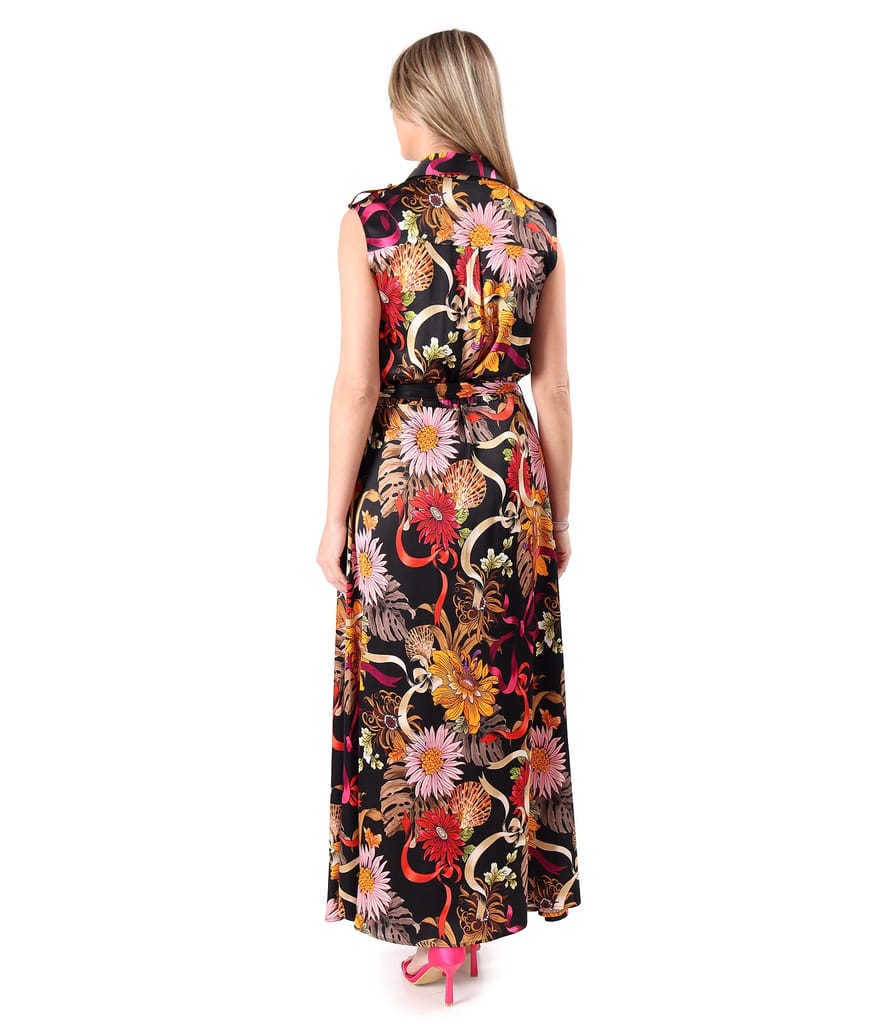Rochie lunga din viscoza satinata imprimata cu motive florale