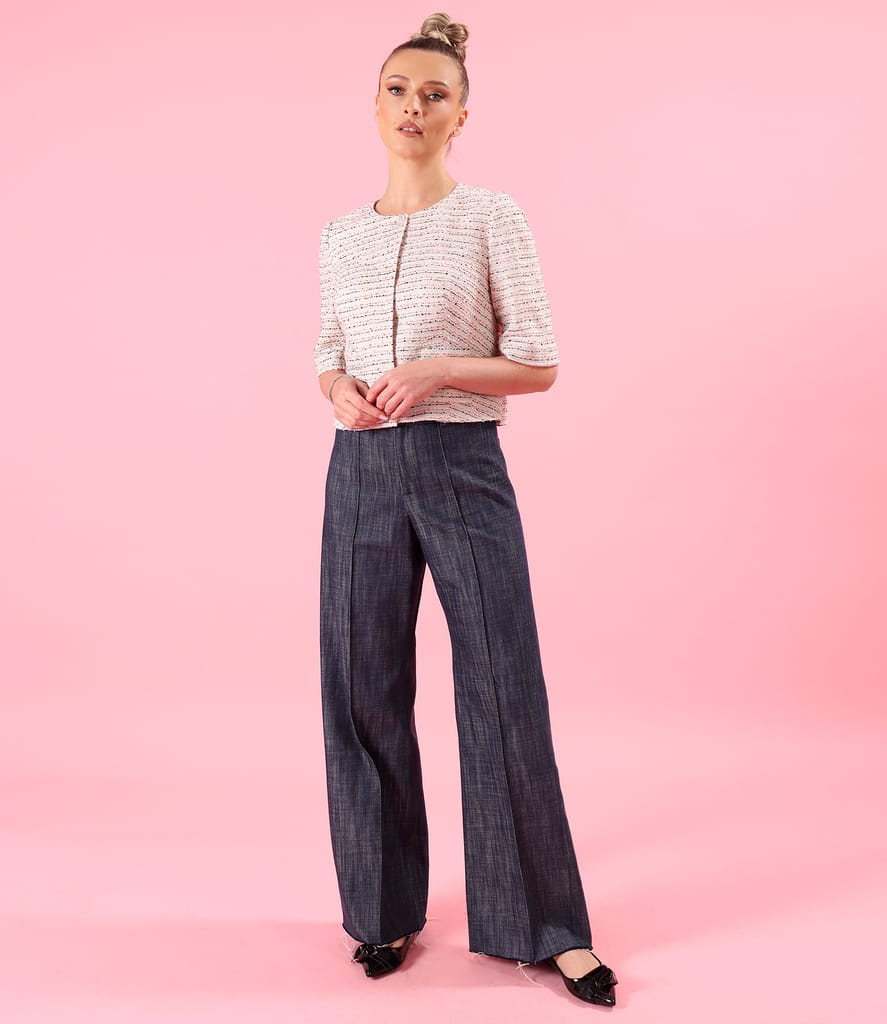 Sacou din dantela cu bumbac si fir de efect cu pantaloni largi din denim