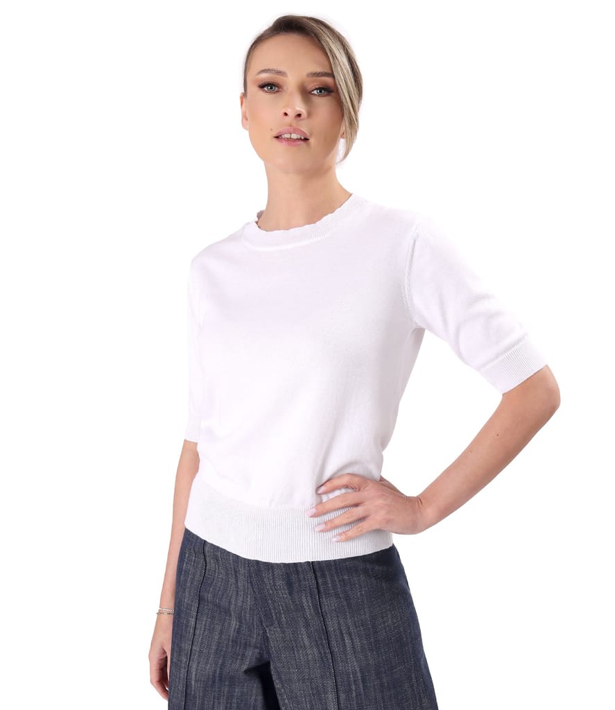 Bluza tricotata fin din bumbac cu maneci scurte