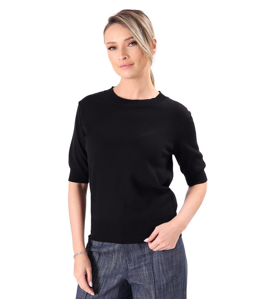 Bluza tricotata fin din bumbac cu maneci scurte