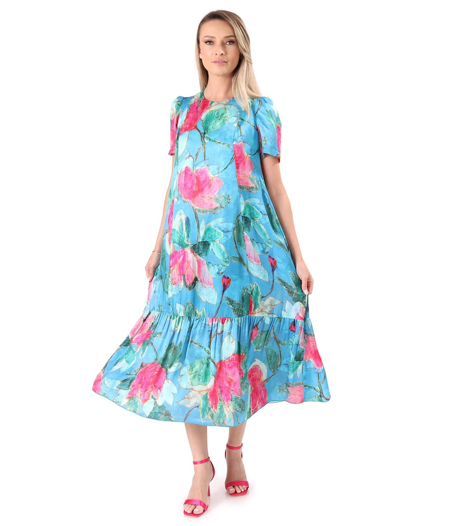 Rochie midi lejera din viscoza cu matase naturala imprimata cu motive florale