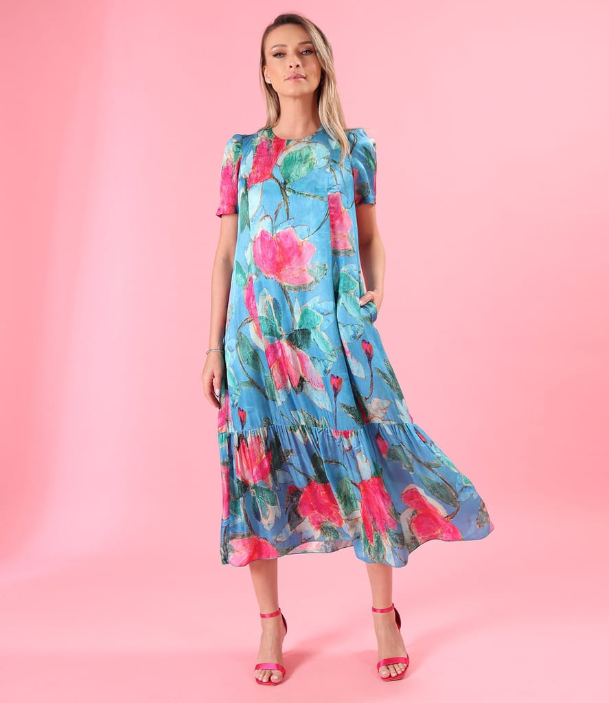 Rochie midi lejera din viscoza cu matase naturala imprimata cu motive florale