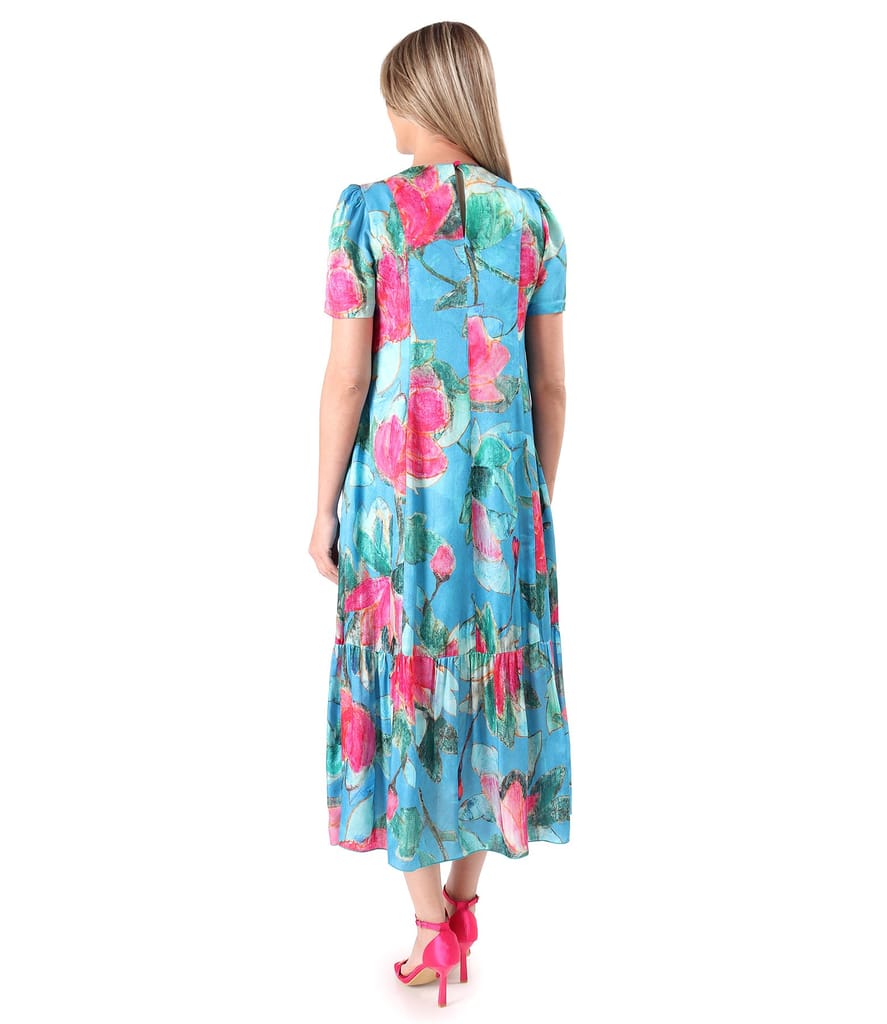 Rochie midi lejera din viscoza cu matase naturala imprimata cu motive florale