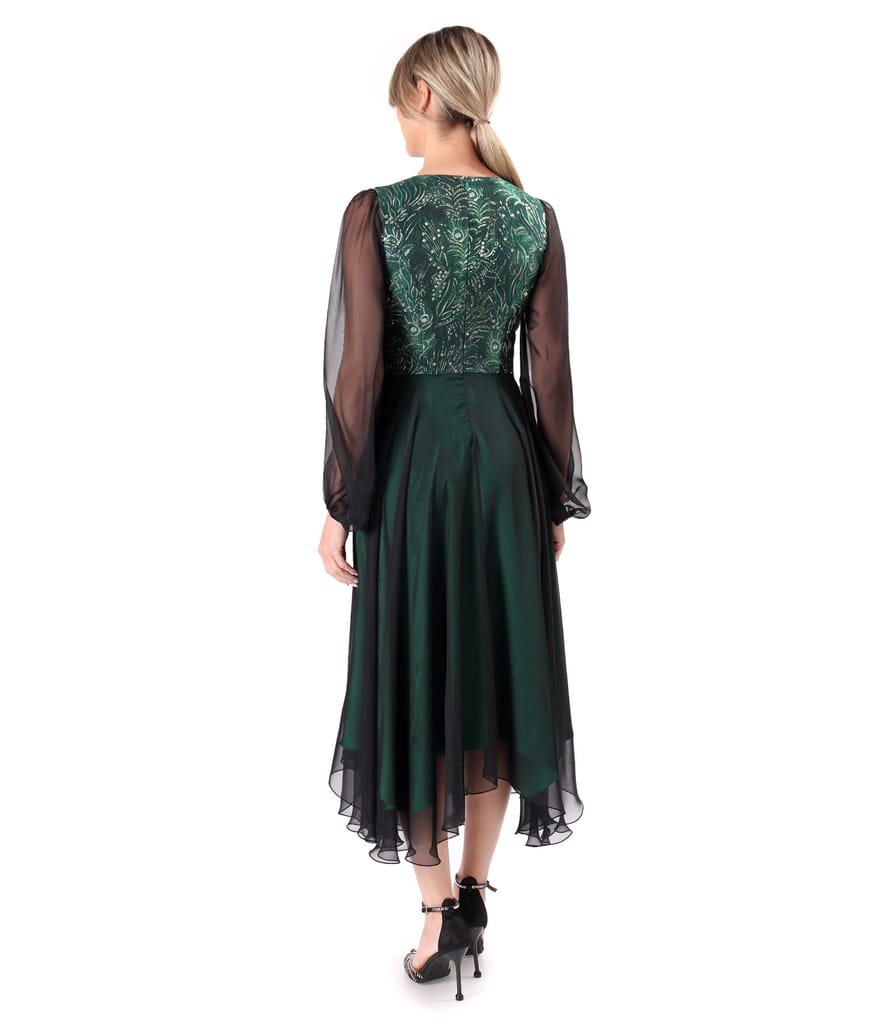 Rochie de seara midi cu bust din brocard cu fir metalic