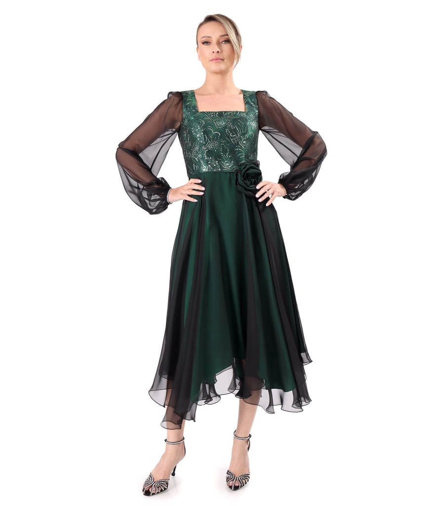 Rochie de seara midi cu bust din brocard cu fir metalic