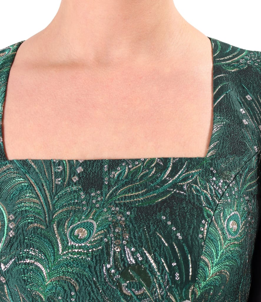 Rochie de seara midi cu bust din brocard cu fir metalic