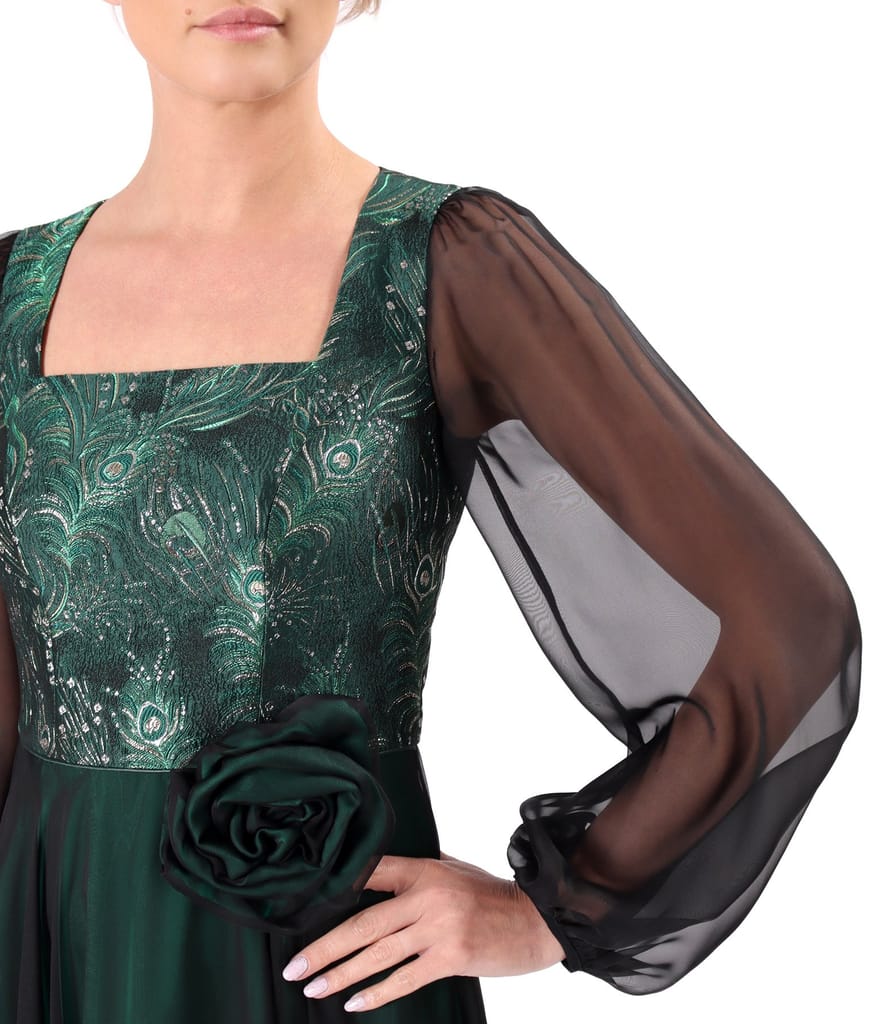 Rochie de seara midi cu bust din brocard cu fir metalic