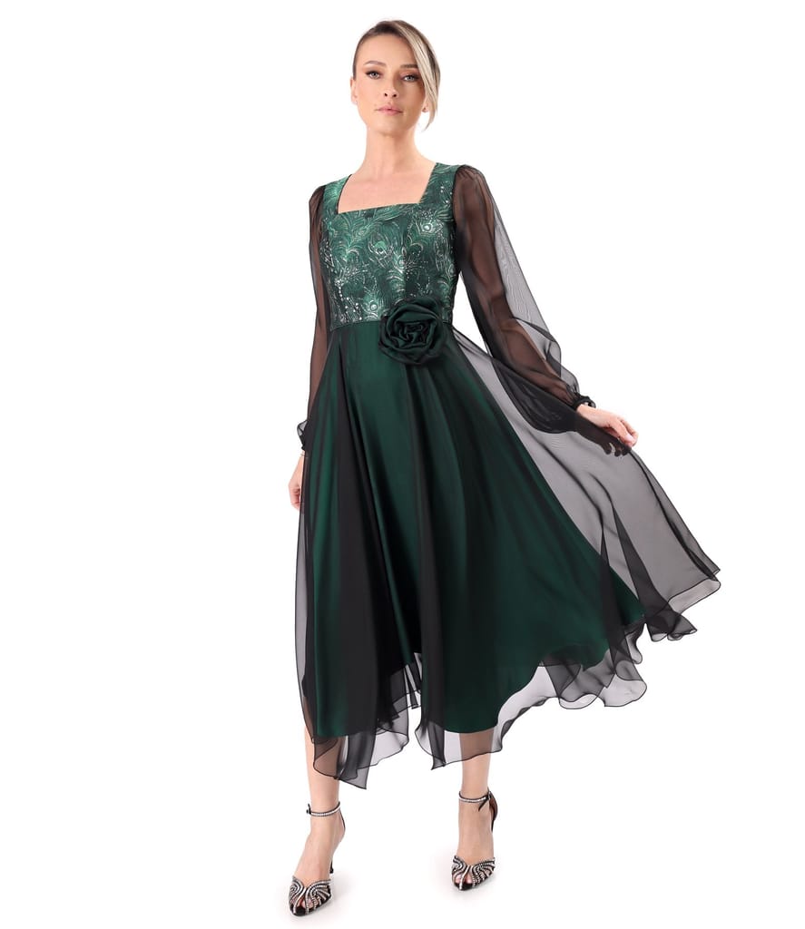 Rochie de seara midi cu bust din brocard cu fir metalic