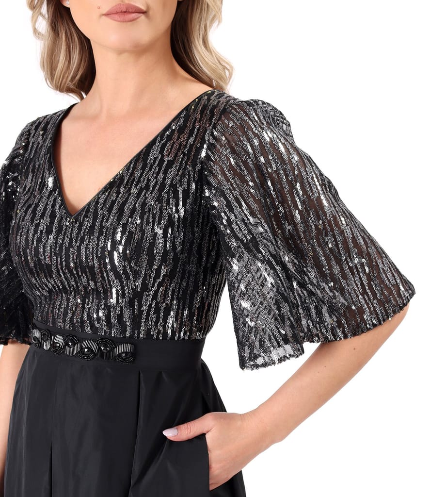 Rochie lunga de cocktail cu  bust din paiete si fusta de tafta
