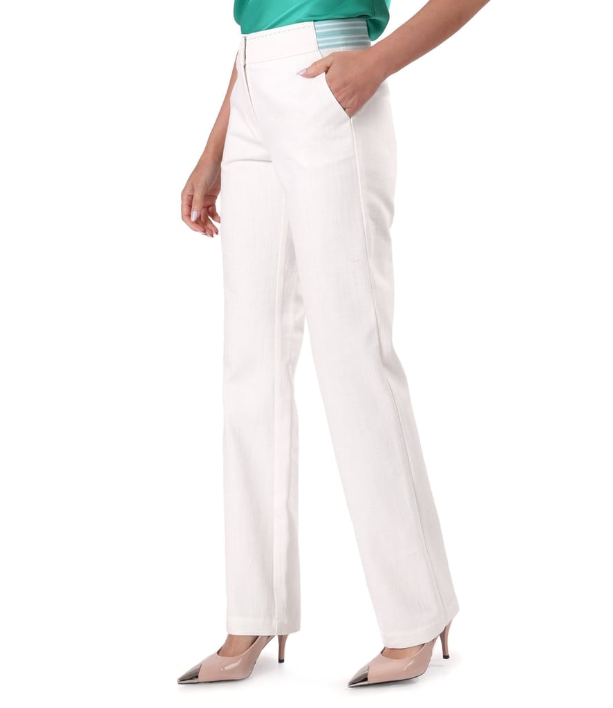 Pantaloni drepti din bumbac tip denim alb-ecru