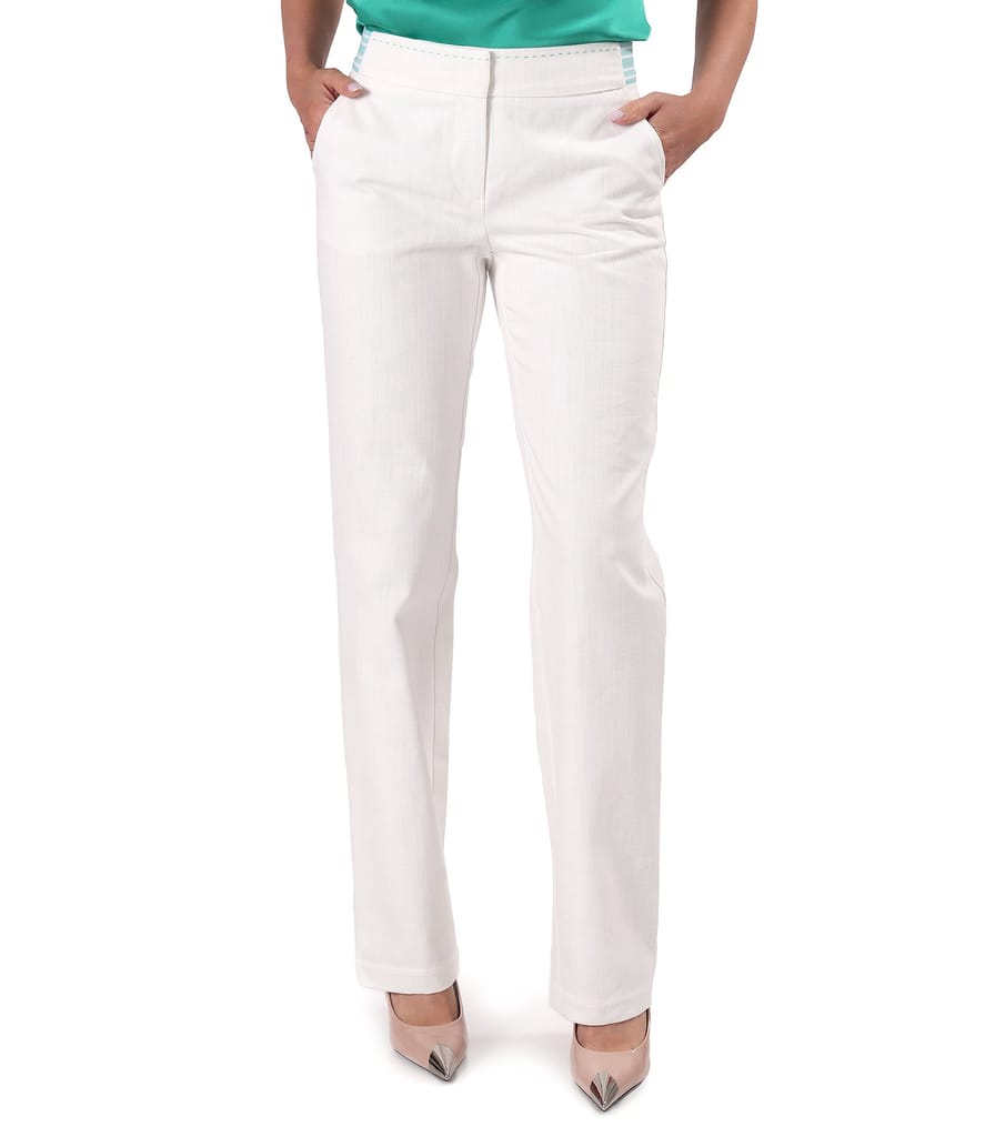 Pantaloni drepti din bumbac tip denim alb-ecru