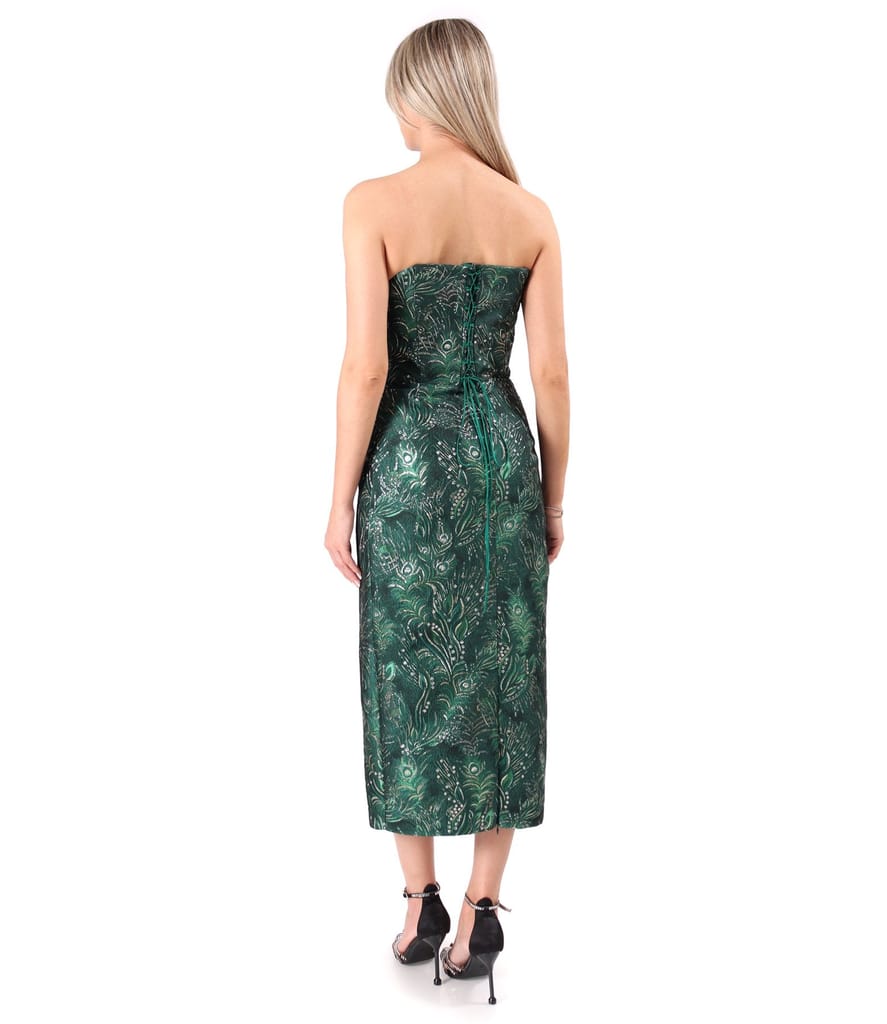Rochie midi de cocktail cu corset din brocard cu fir metalic si motive florale