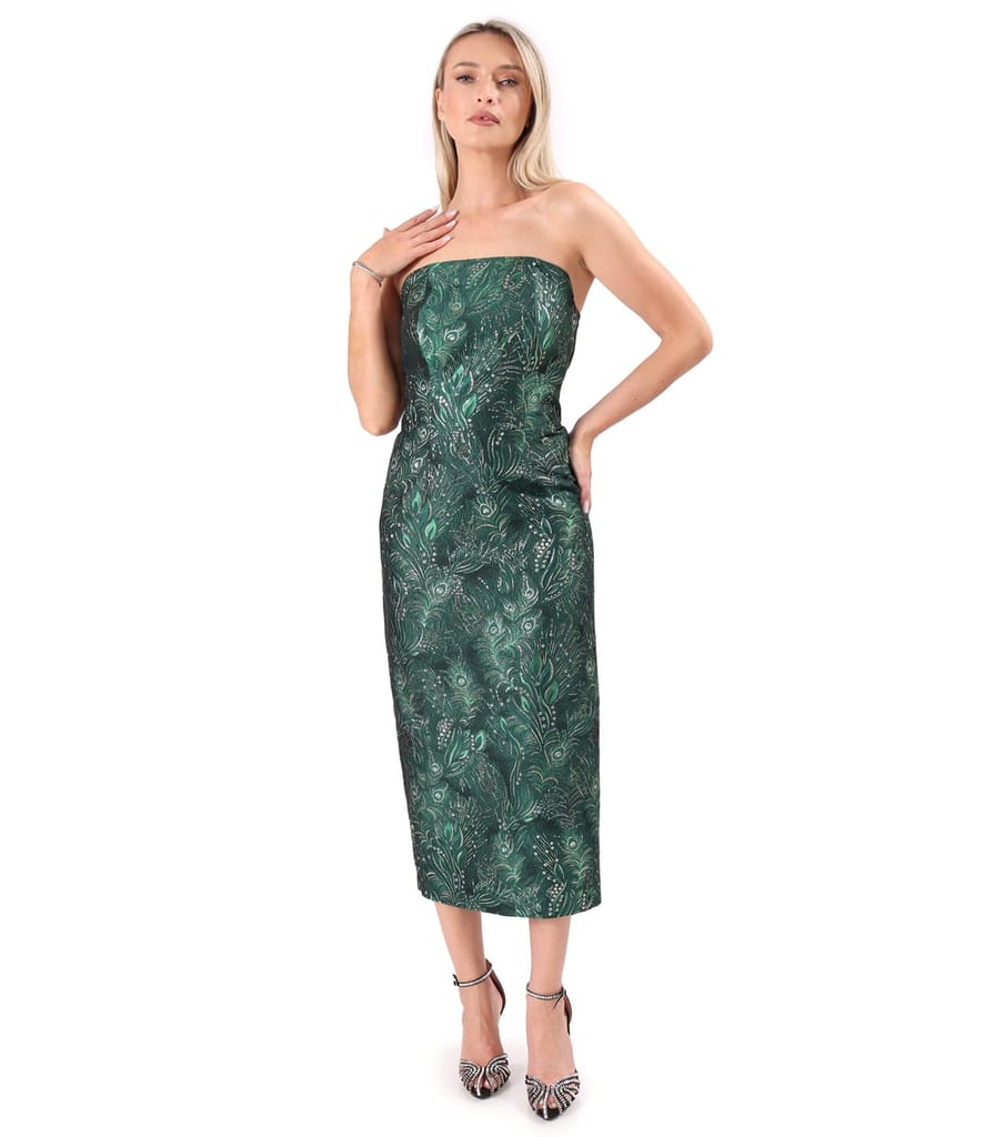 Rochie midi de cocktail cu corset din brocard cu fir metalic si motive florale