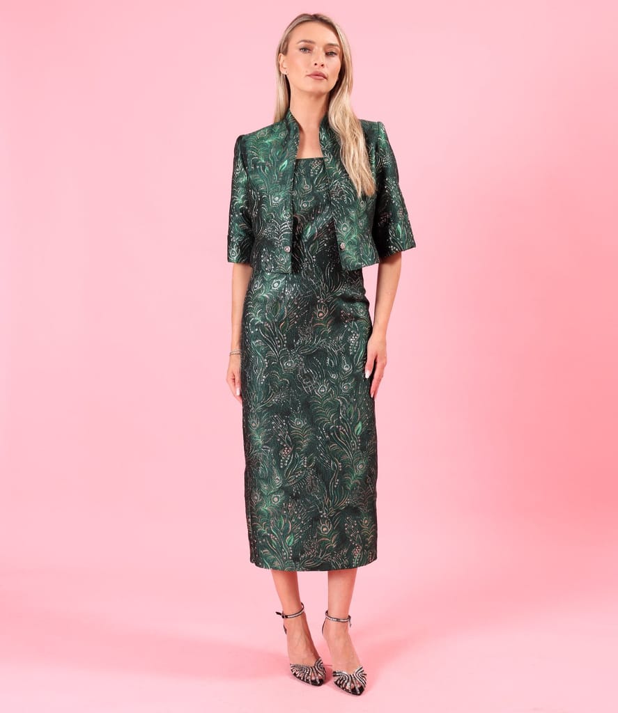 Rochie midi de cocktail cu corset din brocard cu fir metalic si motive florale